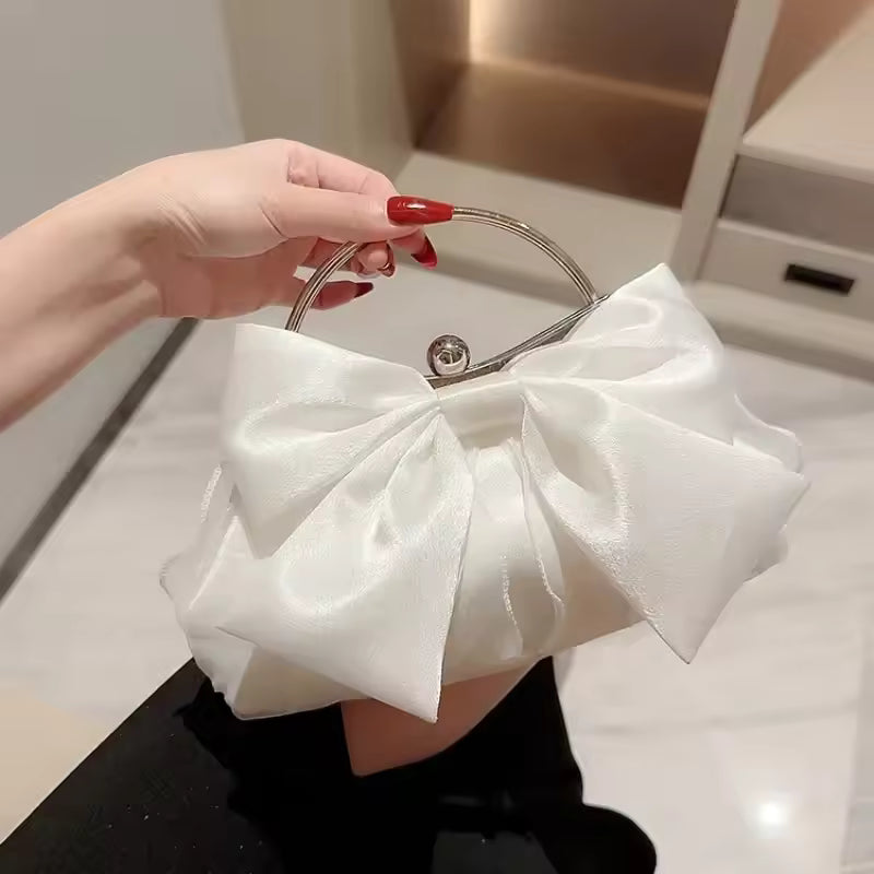 Satin Bow Fairy Metal Handle Wedding Party Bridal Clutches Chain Shoulder Bag Mssza