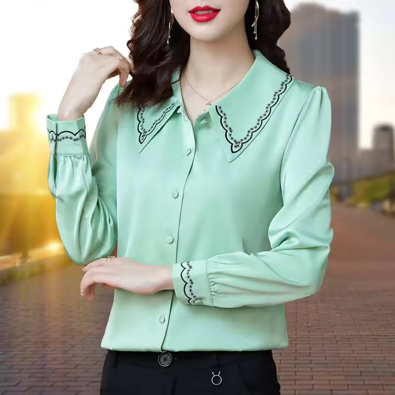 Satin Embroidery Elegant Chic Long Sleeve Button Up Shirt Mssza