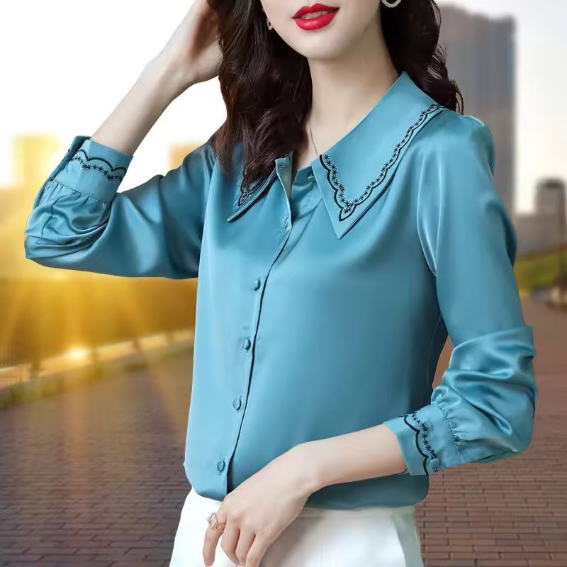 Satin Embroidery Elegant Chic Long Sleeve Button Up Shirt Mssza
