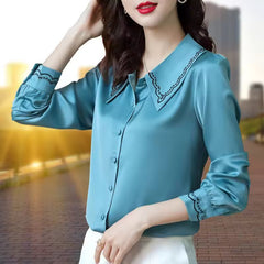 Satin Embroidery Elegant Chic Long Sleeve Button Up Shirt Mssza