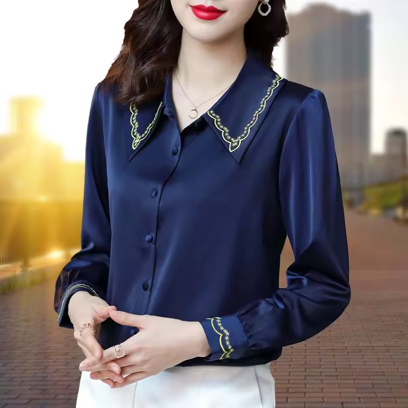 Satin Embroidery Elegant Chic Long Sleeve Button Up Shirt Mssza