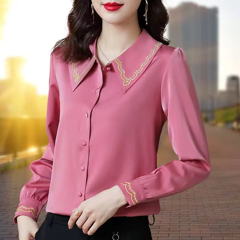 Satin Embroidery Elegant Chic Long Sleeve Button Up Shirt Mssza