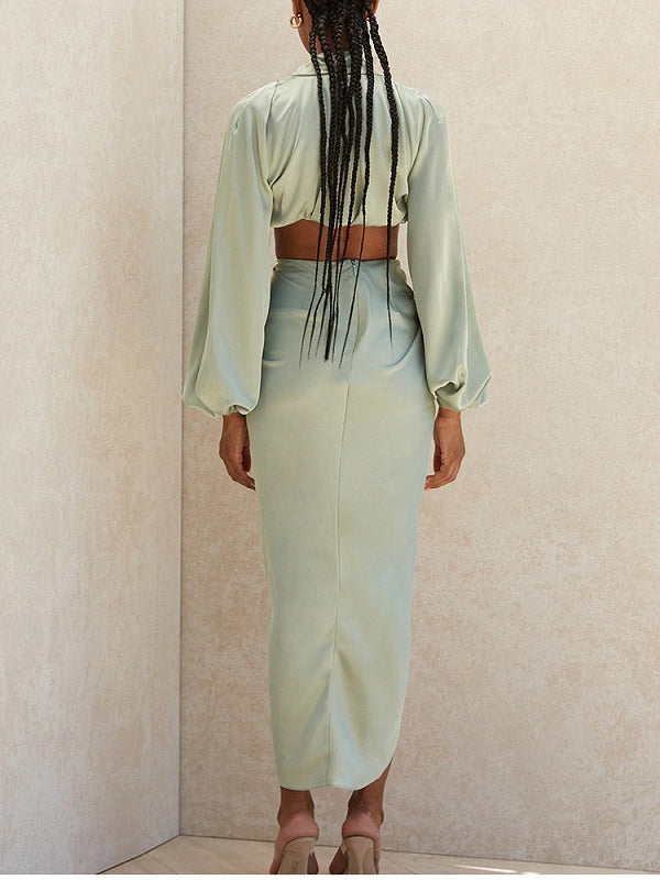 Satin Long Lantern Sleeve Crop Top High Split Long Skirts Two Piece Set Mssza