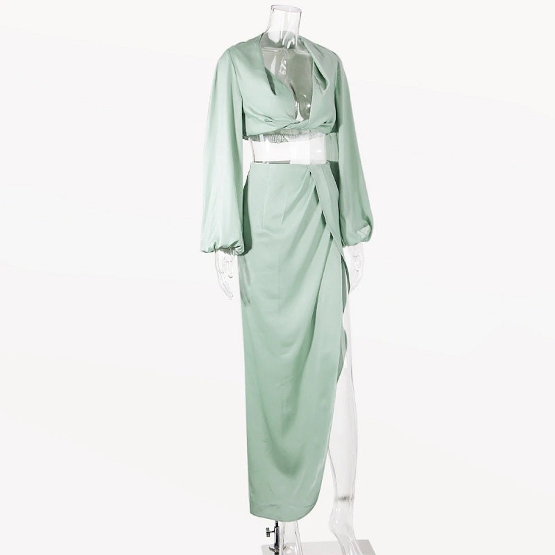 Satin Long Lantern Sleeve Crop Top High Split Long Skirts Two Piece Set Mssza