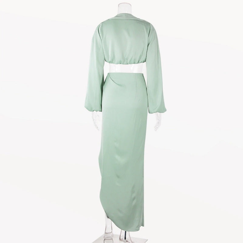 Satin Long Lantern Sleeve Crop Top High Split Long Skirts Two Piece Set Mssza