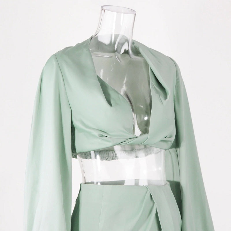 Satin Long Lantern Sleeve Crop Top High Split Long Skirts Two Piece Set Mssza