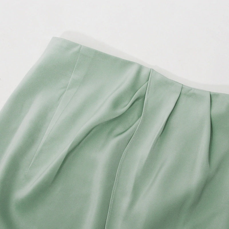 Satin Long Lantern Sleeve Crop Top High Split Long Skirts Two Piece Set Mssza