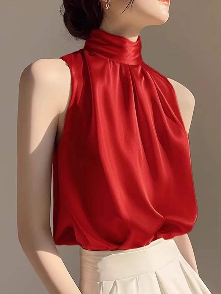 Satin Sleeveless Half Turtleneck Tee Halter Vest Loose Crop Top Mssza