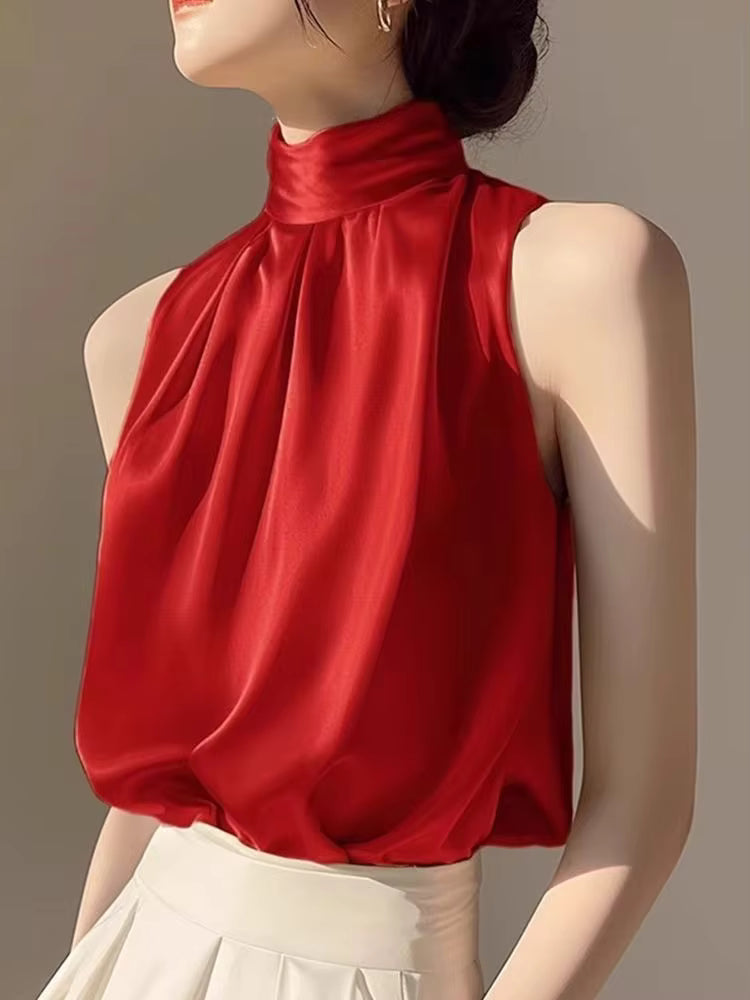 Satin Sleeveless Half Turtleneck Tee Halter Vest Loose Crop Top Mssza