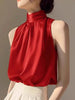 Satin Sleeveless Half Turtleneck Tee Halter Vest Loose Crop Top Mssza