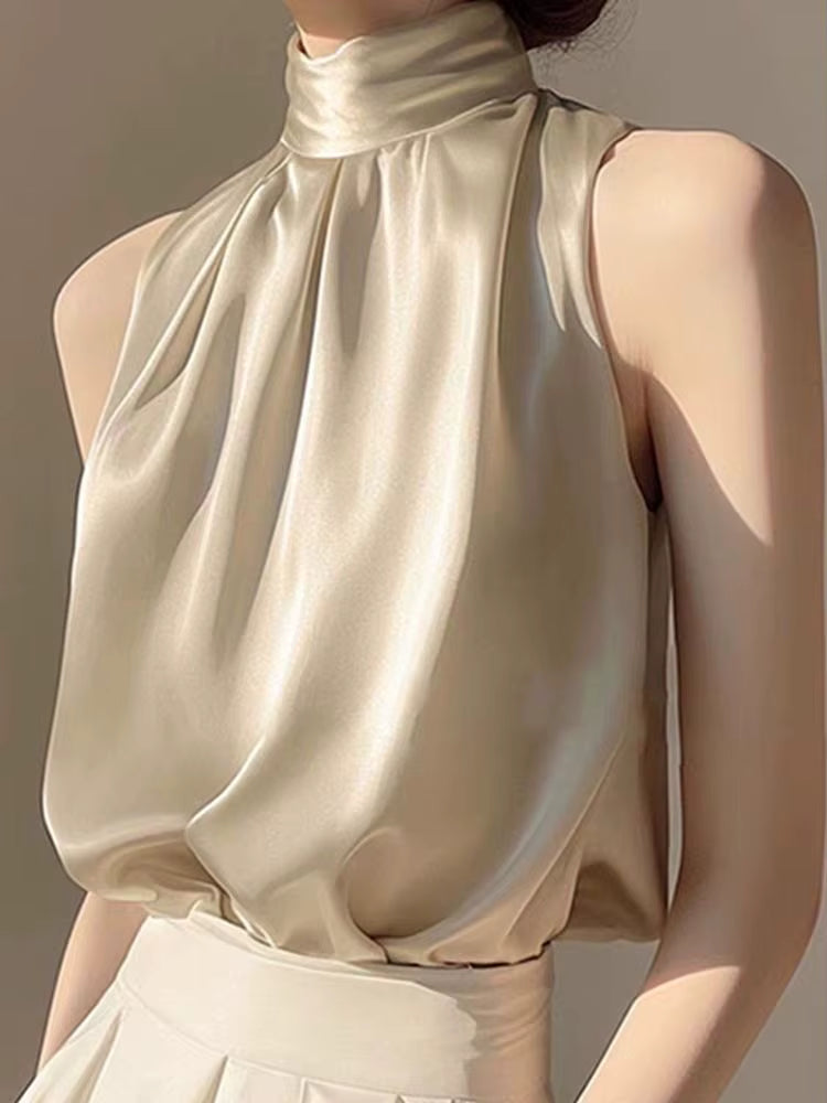 Satin Sleeveless Half Turtleneck Tee Halter Vest Loose Crop Top Mssza