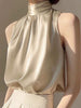 Satin Sleeveless Half Turtleneck Tee Halter Vest Loose Crop Top Mssza