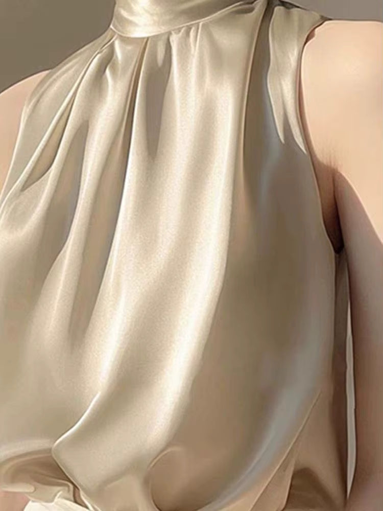 Satin Sleeveless Half Turtleneck Tee Halter Vest Loose Crop Top Mssza