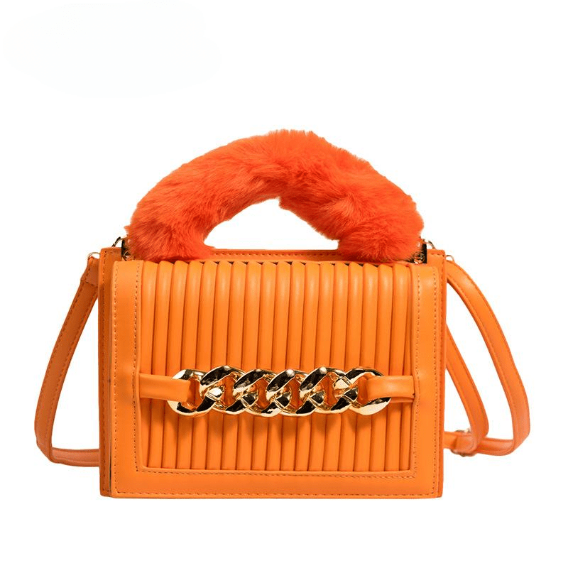 Savvy Red Woman Shoulder Bag Pu Leather Stripe Metal Chain Tote Bag Winter Plush Chic Bags Mssza