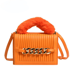 Savvy Red Woman Shoulder Bag Pu Leather Stripe Metal Chain Tote Bag Winter Plush Chic Bags Mssza
