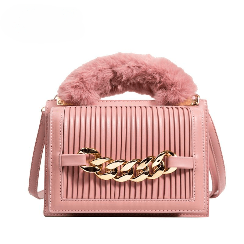 Savvy Red Woman Shoulder Bag Pu Leather Stripe Metal Chain Tote Bag Winter Plush Chic Bags Mssza