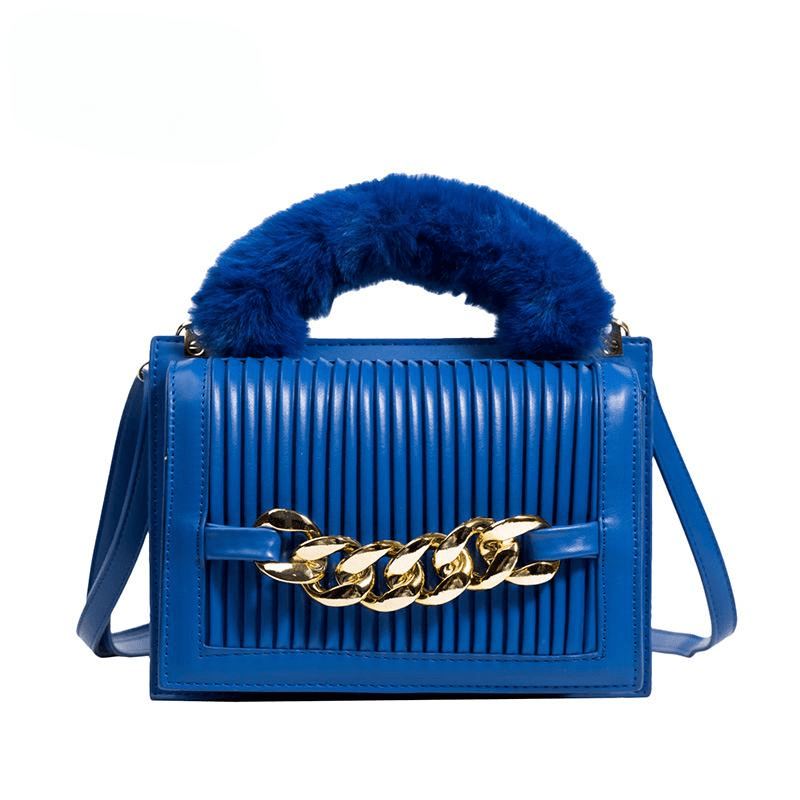 Savvy Red Woman Shoulder Bag Pu Leather Stripe Metal Chain Tote Bag Winter Plush Chic Bags Mssza