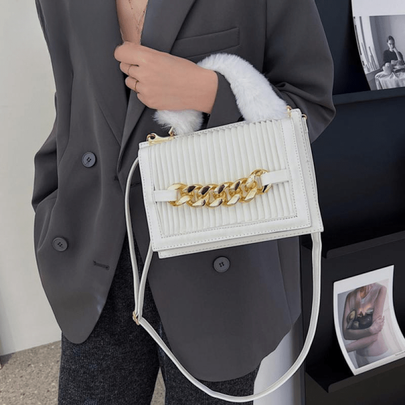 Savvy Red Woman Shoulder Bag Pu Leather Stripe Metal Chain Tote Bag Winter Plush Chic Bags Mssza