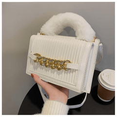 Savvy Red Woman Shoulder Bag Pu Leather Stripe Metal Chain Tote Bag Winter Plush Chic Bags Mssza