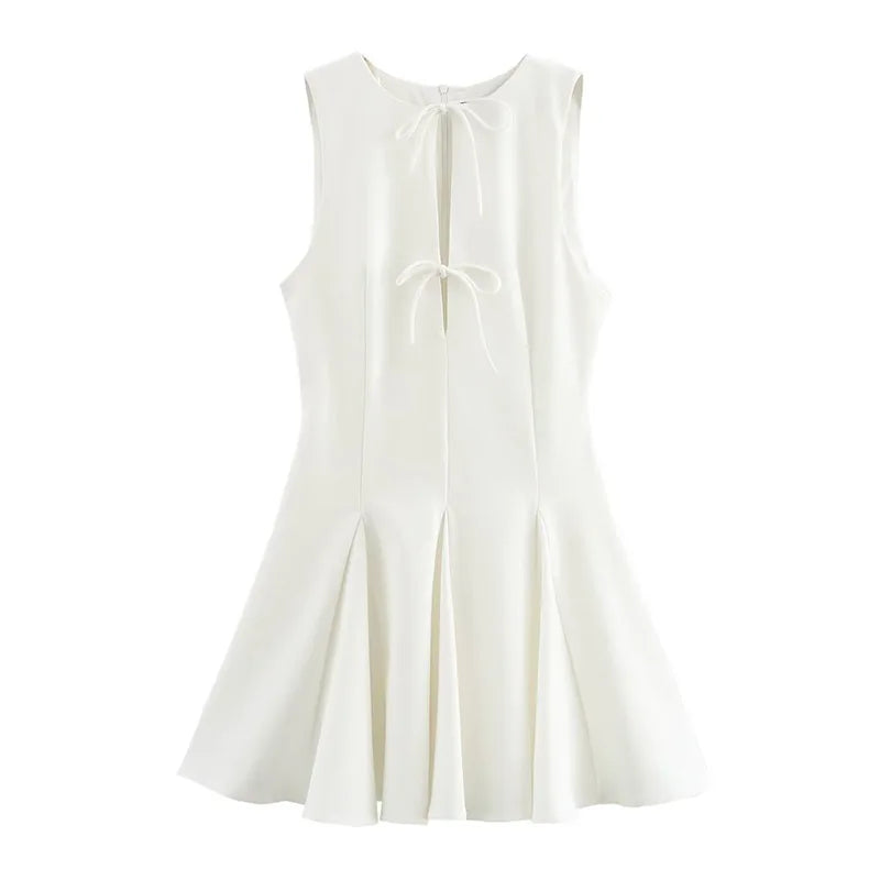 Hollow Out Bow Solid Sleeveless Pleated Dress Mssaz Desses