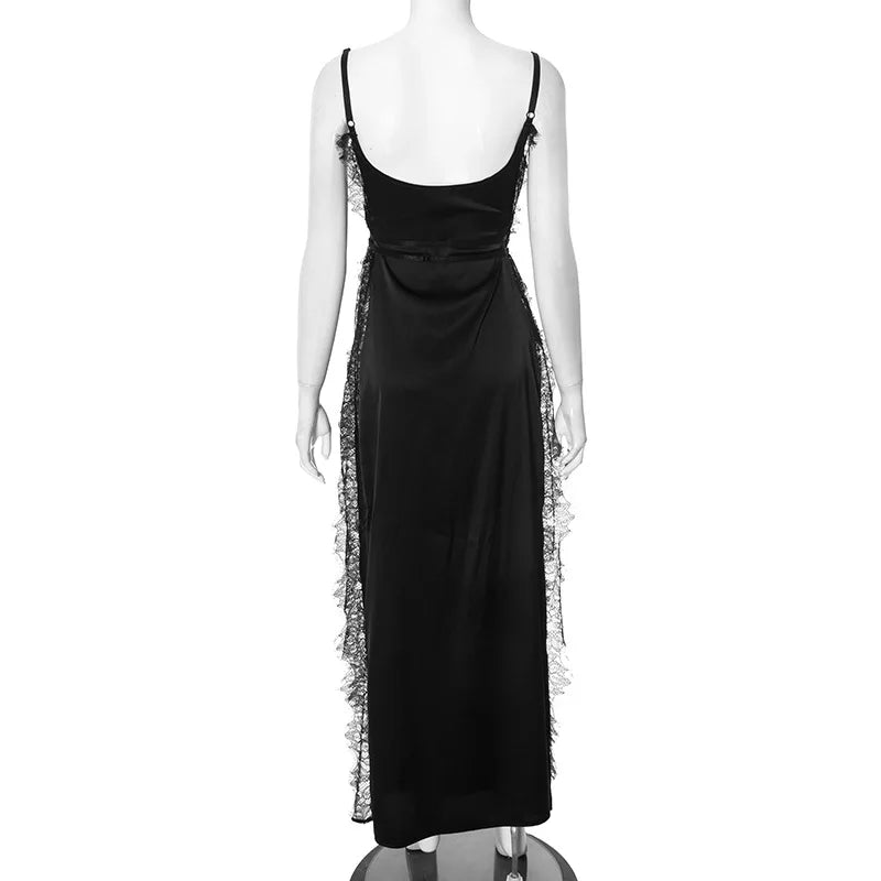 Lace Satin Patchwork High Split Maxi Dress Mssaz Desses