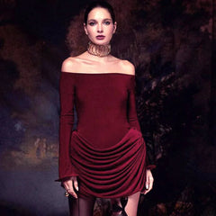 Pleated Off-Shoulder Long Sleeve Mini Dress Mssaz Desses