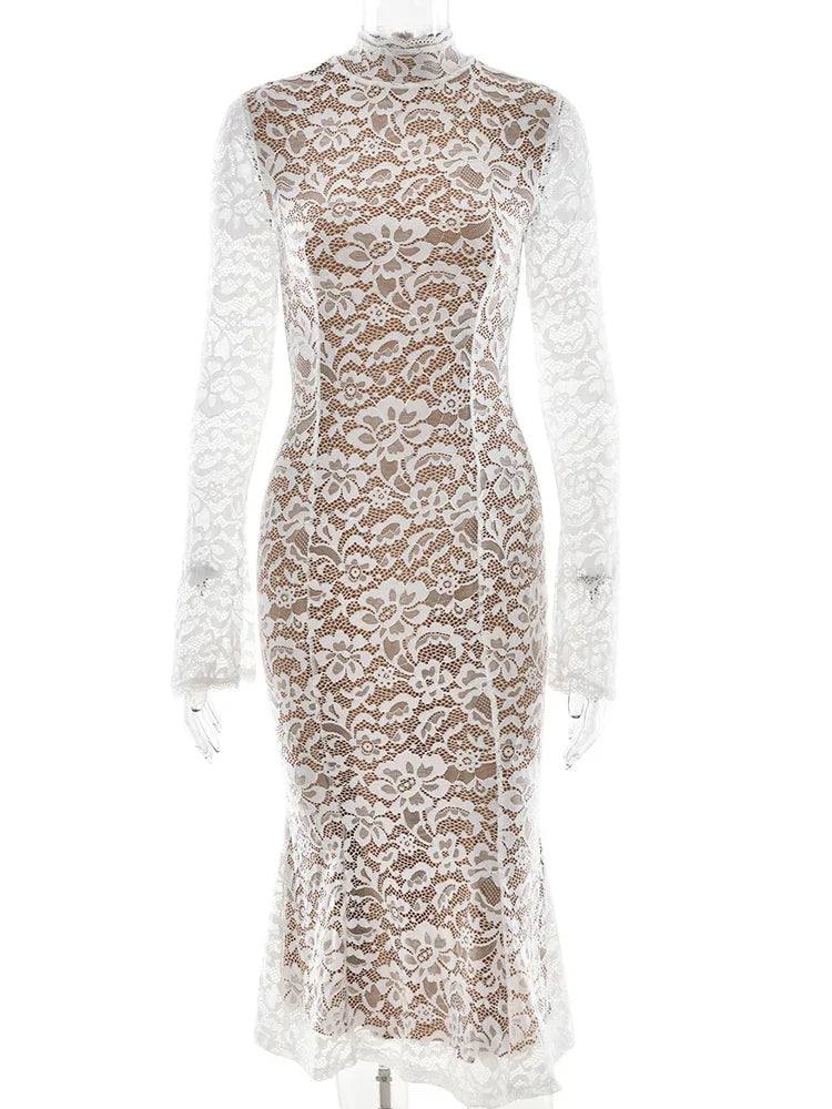 Lace White Long Sleeve Turtleneck Dress Mssaz Desses
