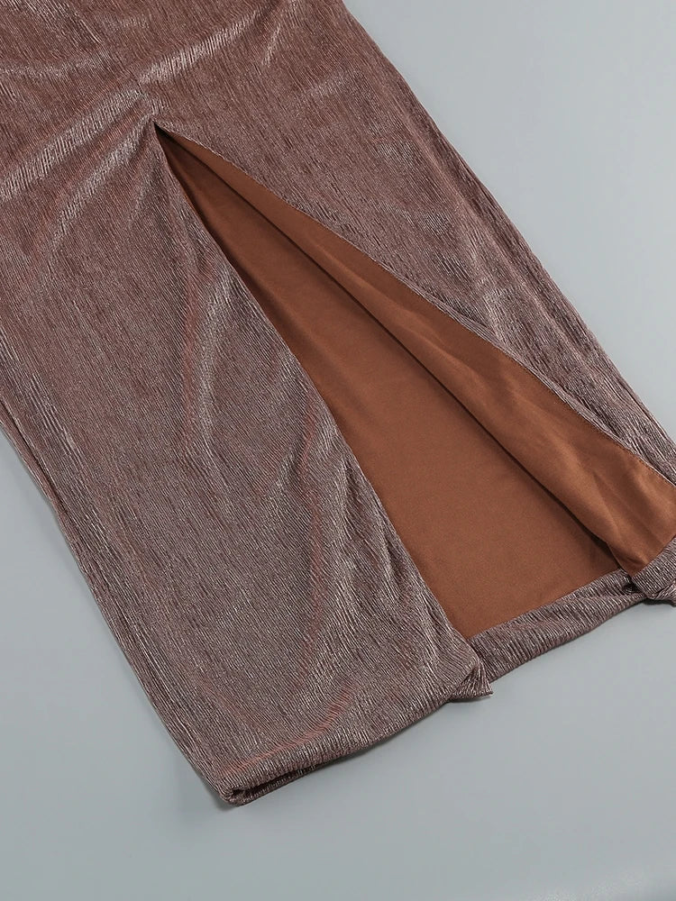 One Shoulder Draped Glitter Brown Maxi Dress Mssaz Desses