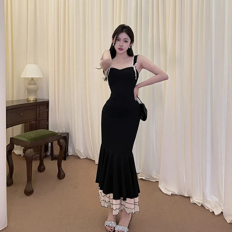 Black Ruffle Trim Fishtail Midi Dress Mssaz Desses