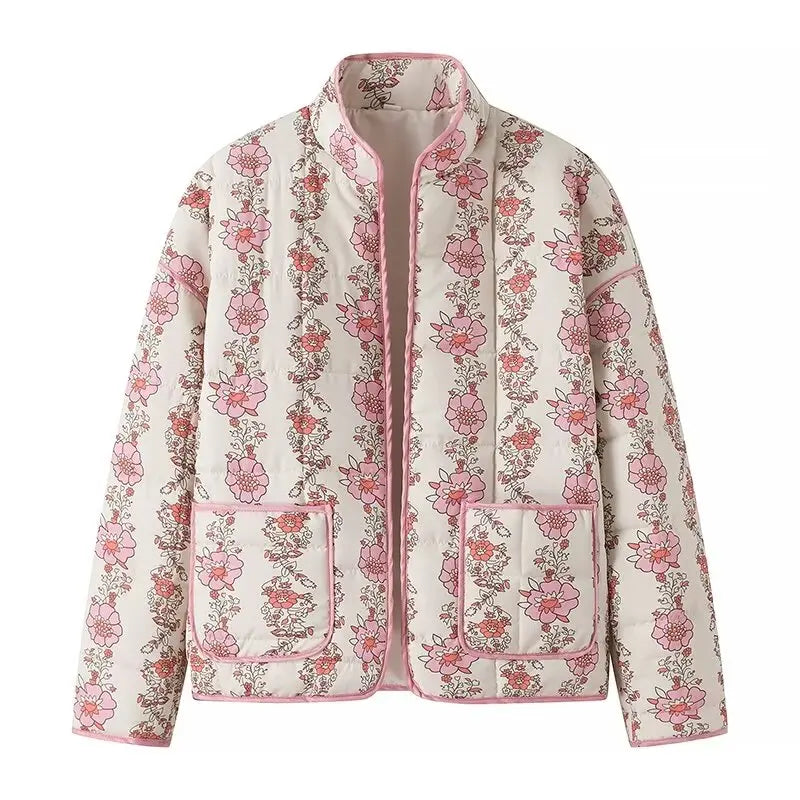 Pink Flower Print Stand neck Quilted Jacket Mssaz Desses