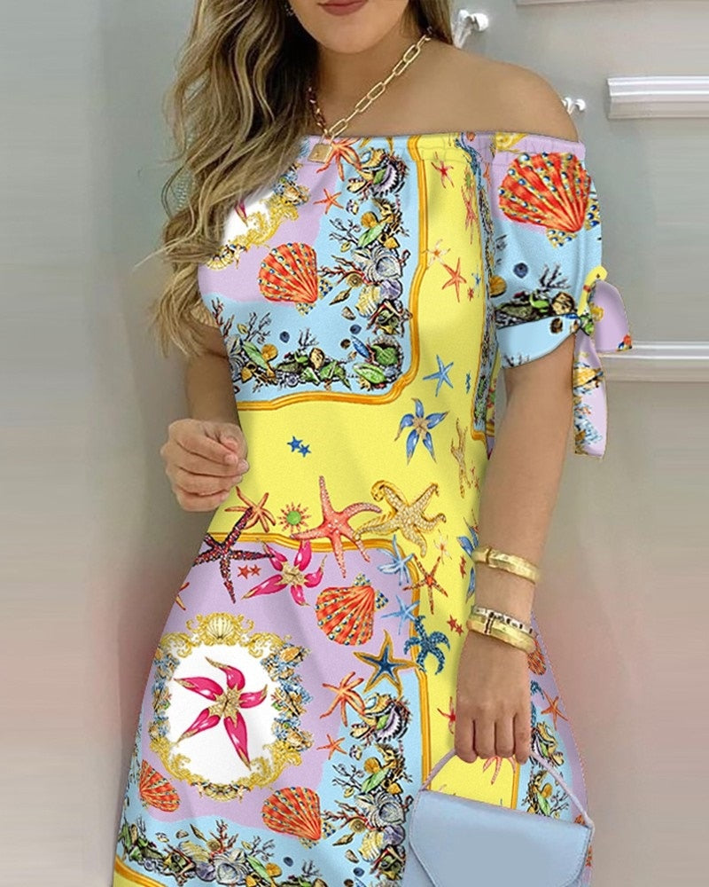 Off Shoulder  Mini Dress Short Sleeve Bow Tie Striped Plaid Floral Vestidos Mssaz Desses