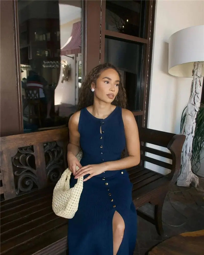 Knit Maxi Dress with Pockets Button-Front Mssaz Desses