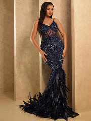Mesh Sequins Blue Feather Long Dress Mssaz Desses