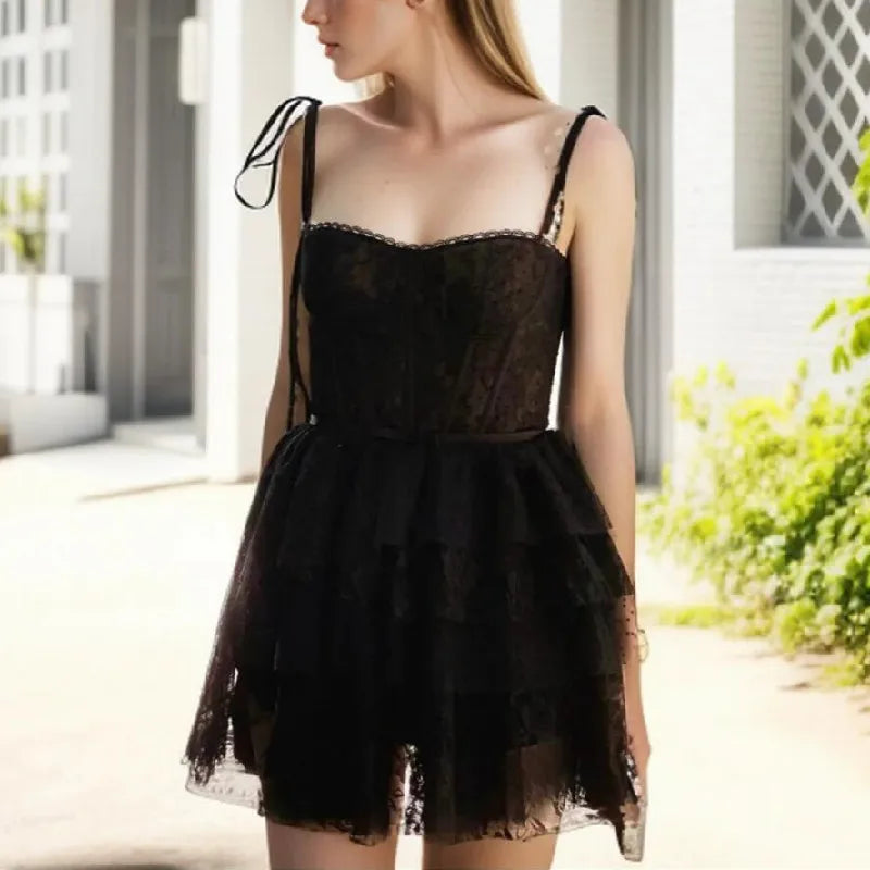 Mesh Bow Lacing up Black Mini Dress Mssaz Desses