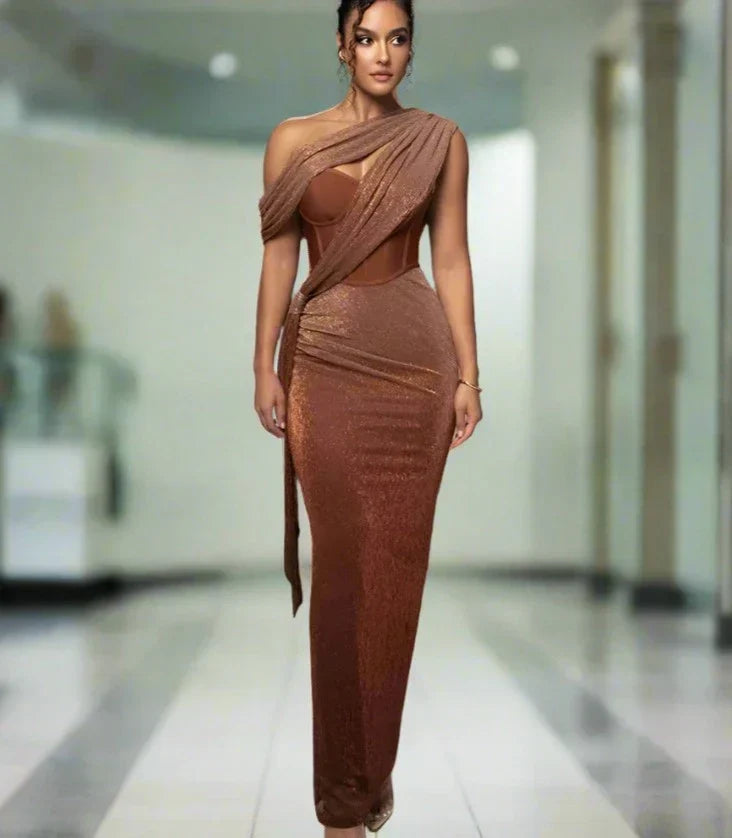 One Shoulder Draped Glitter Brown Maxi Dress Mssaz Desses