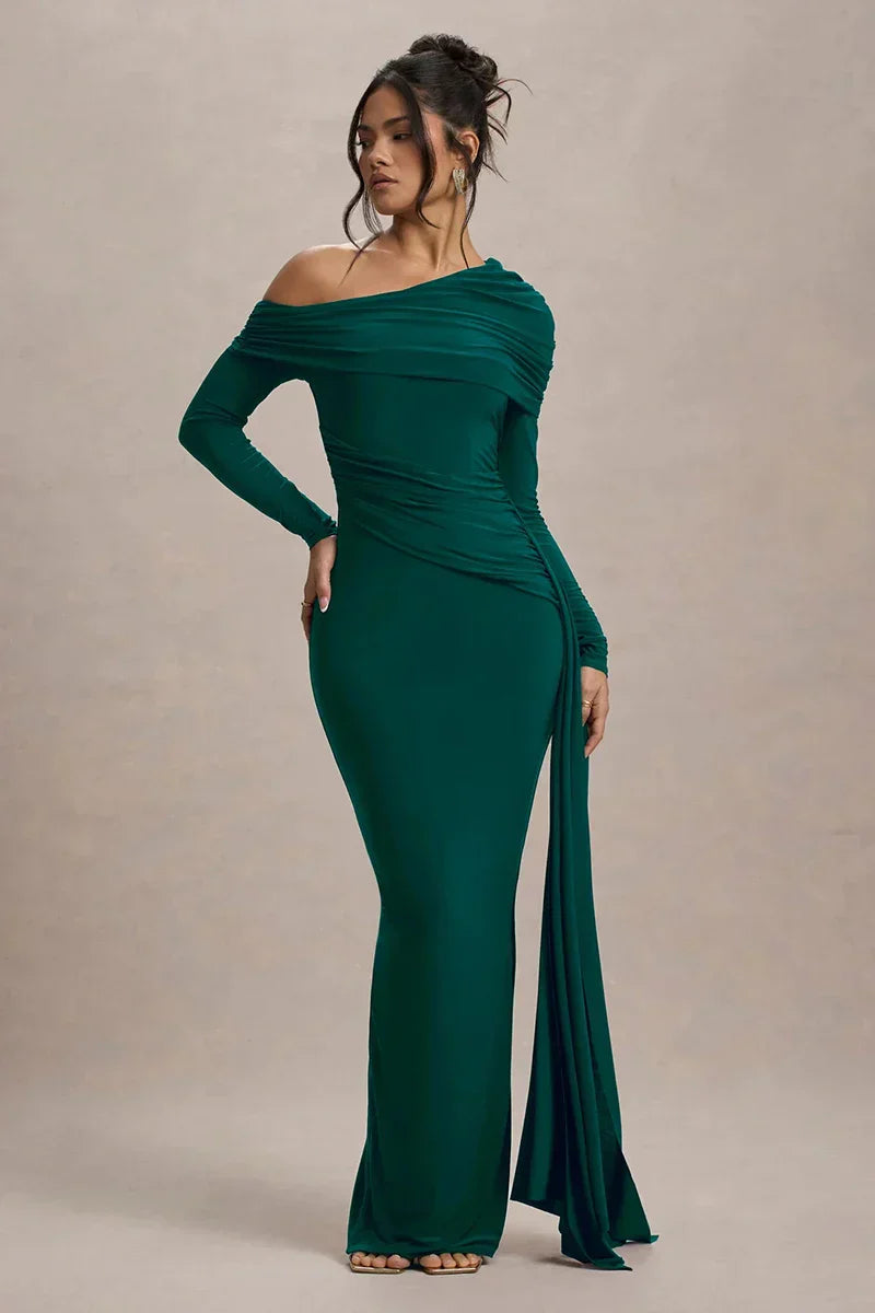 Skew Collar Long Sleeve Maxi Dress Mssaz Desses