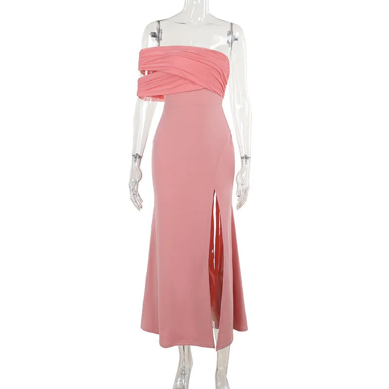 Solid One Shoulder Mesh Slit Long Dress Mssaz Desses
