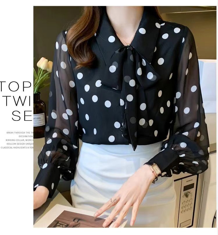 Turn-down Collar Bow Pattern Long Sleeve Single Breasted Tops Mssza
