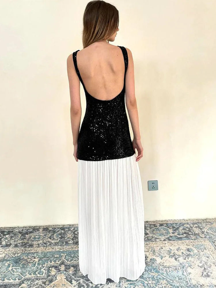 Sequined Patchwork Backless Long Dress Mssaz Desses