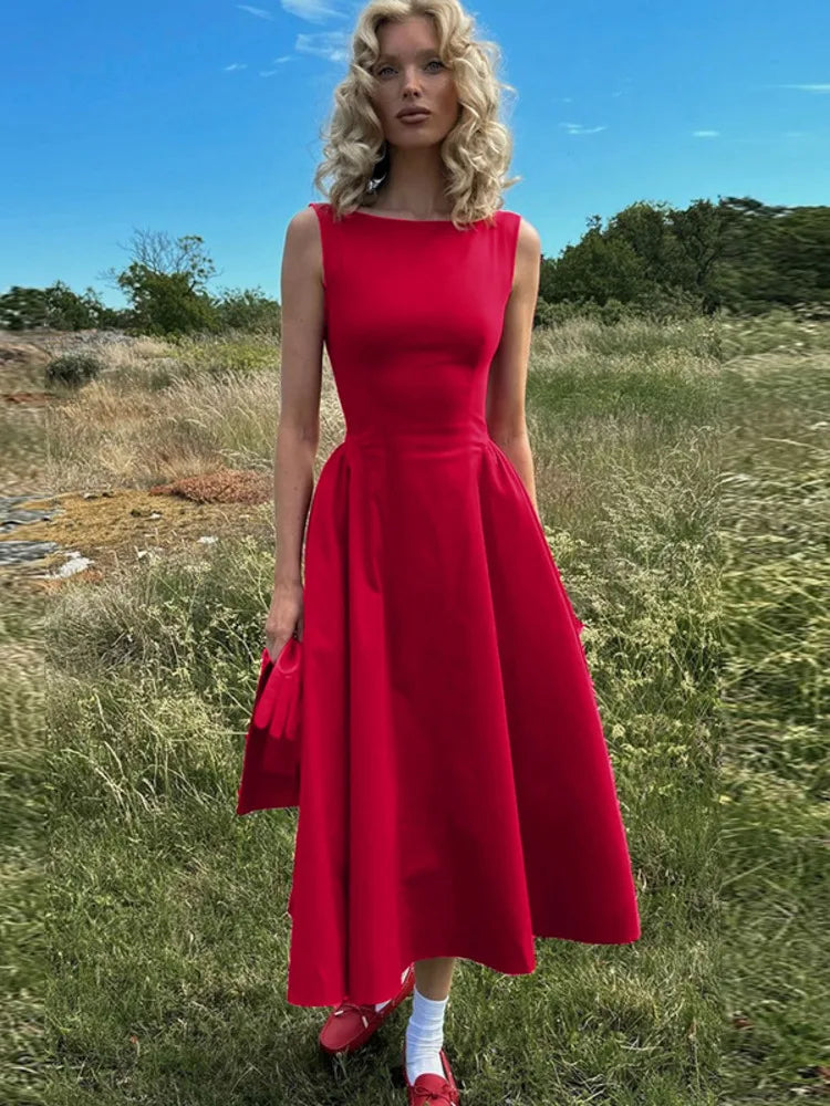 Straight Neck Sleeveless Flare Midi Dress Mssaz Desses