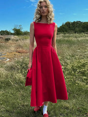 Straight Neck Sleeveless Flare Midi Dress Mssaz Desses