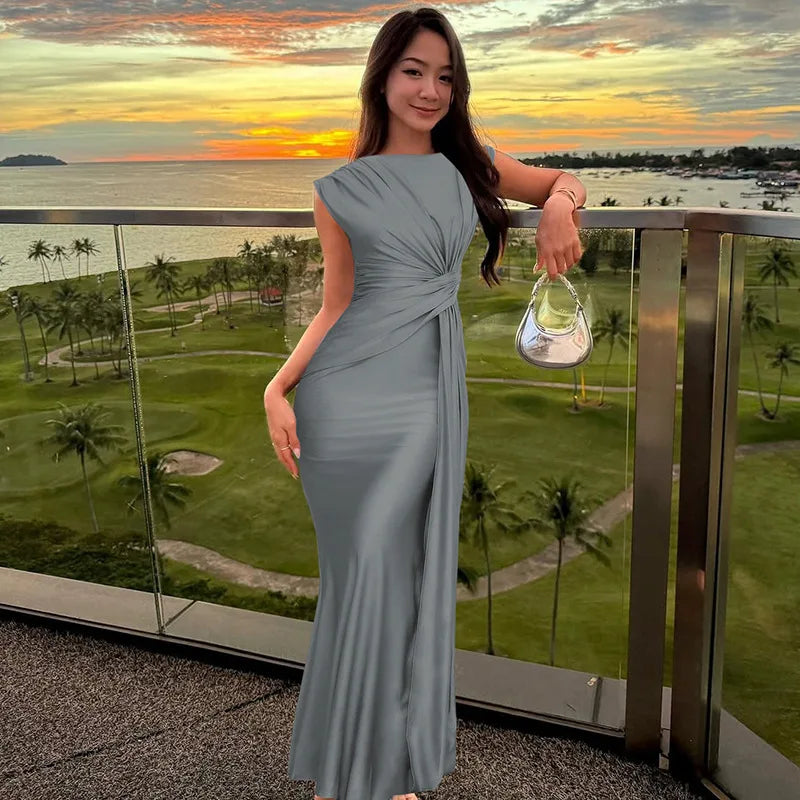 Solid Boat Neck Twist Knot Long Dress Mssaz Desses