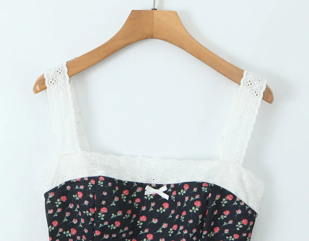 Flower Print Embroidery Lace Slash Collar Mini Dress Mssaz Desses