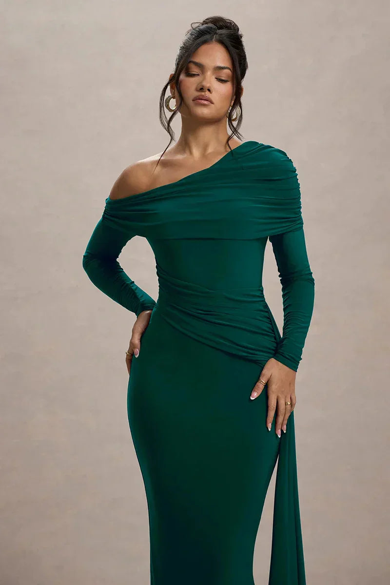 Skew Collar Long Sleeve Maxi Dress Mssaz Desses
