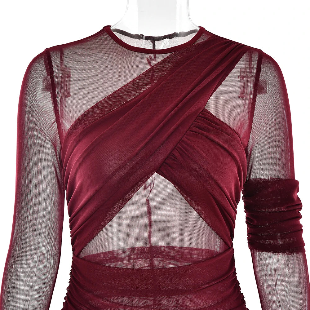 Mesh Patchwork Sheer Long Sleeve Dress Mssaz Desses