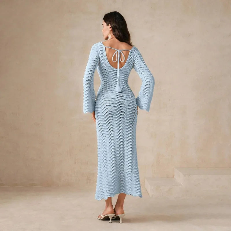 Knit Hollow-Out Loose Patchwork Lace-Up  Dress Mssaz Desses