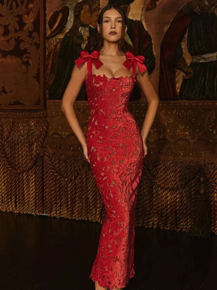 Bows Lace Bodycon Maxi Dress Mssaz Desses