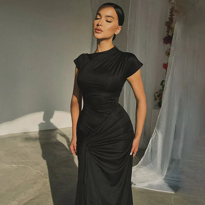 Short Sleeve Maxi Dress Curvy Silhouette & Flattering Tie-Up Mssaz Desses