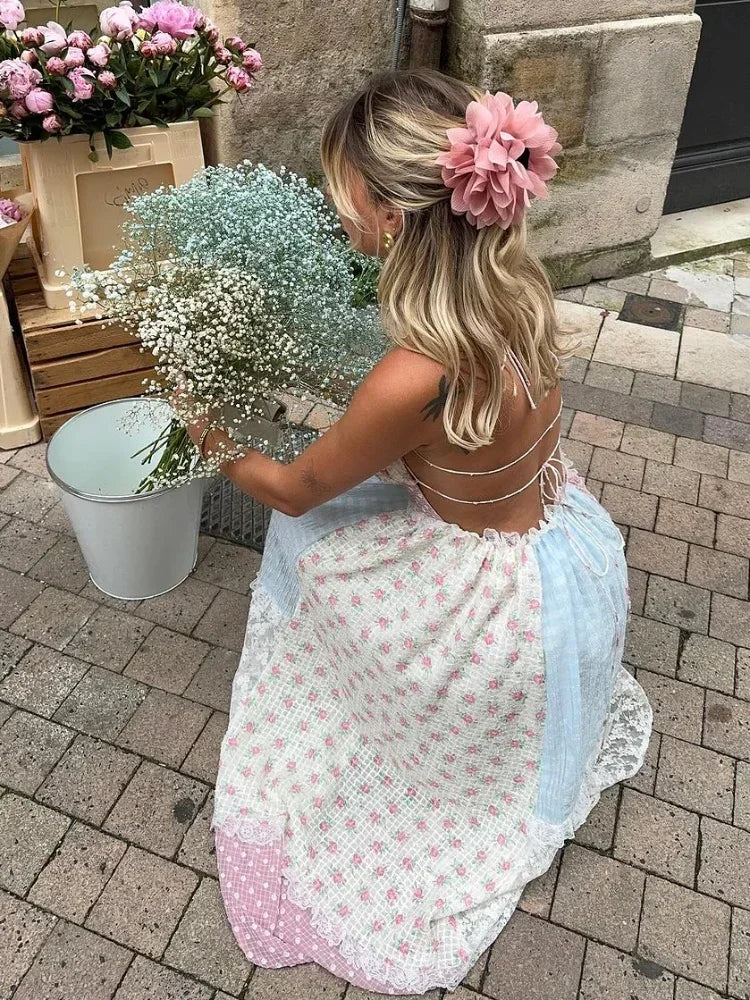 Lace Patchwork Halter Maxi Dress Mssaz Desses