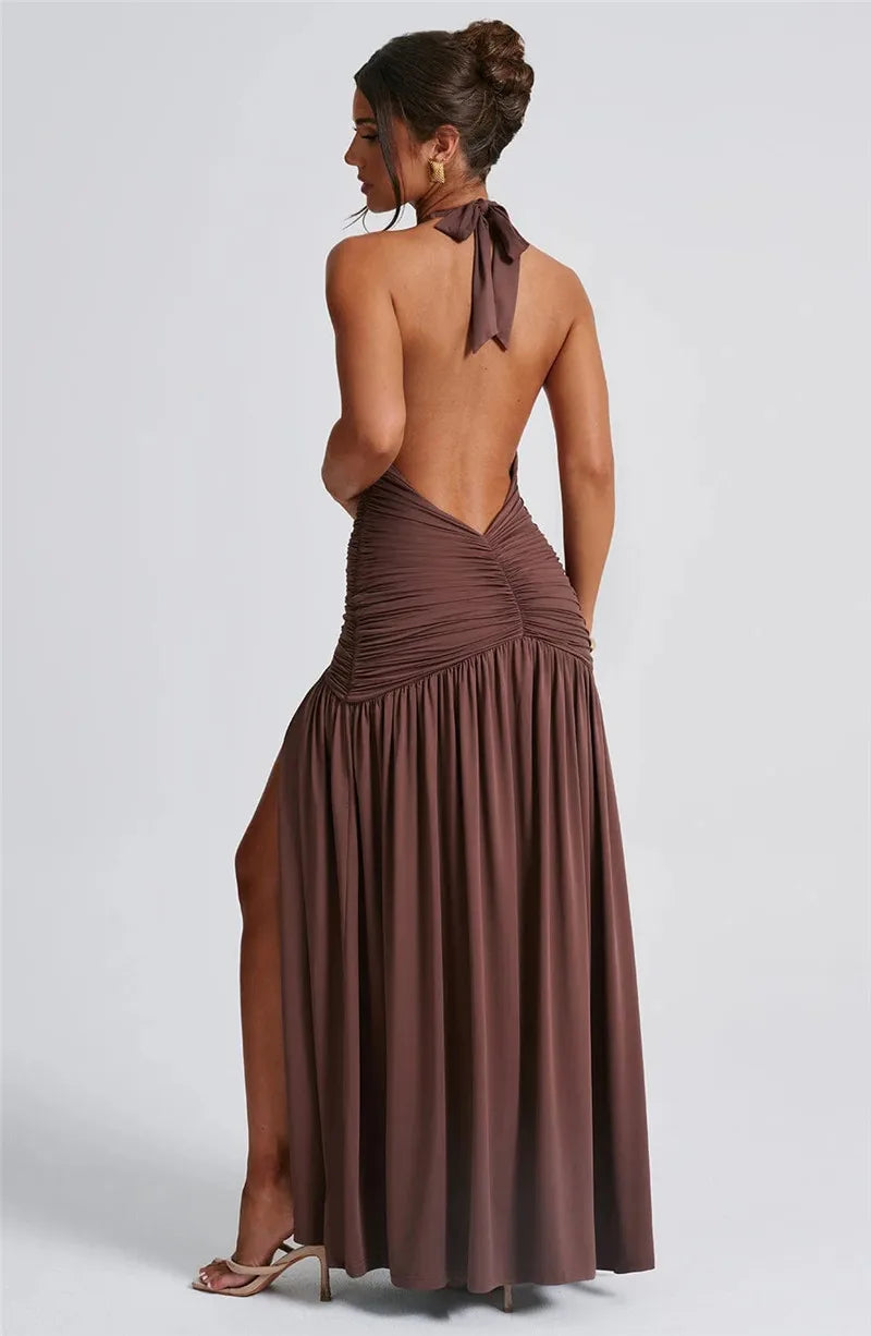 Open Back Solid Thigh High Split Long Dress Mssaz Desses